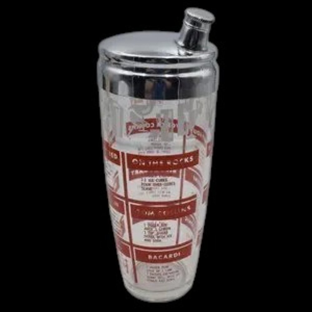 Mid-Century Bar Shaker with Recipes Red & White Graphics